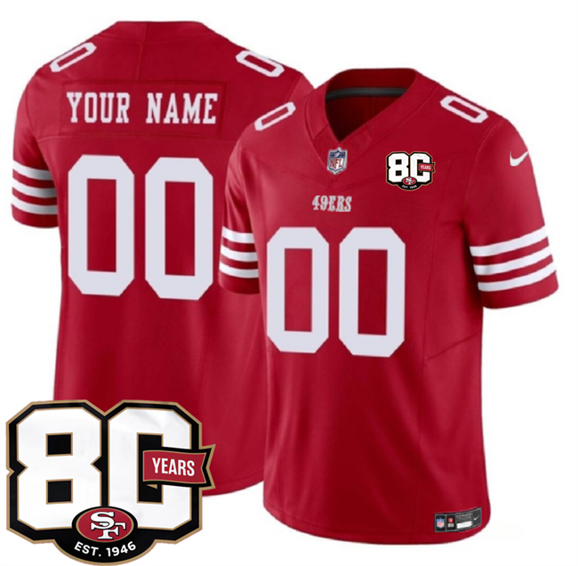 Men's Red San Francisco 49ers Active Player Custom 80th Anniversary Patch 2026 F.U.S.E. Vapor Untouchabl2026 F.U.S.E. Vapor Untouchable Limited Stitched Football Jersey